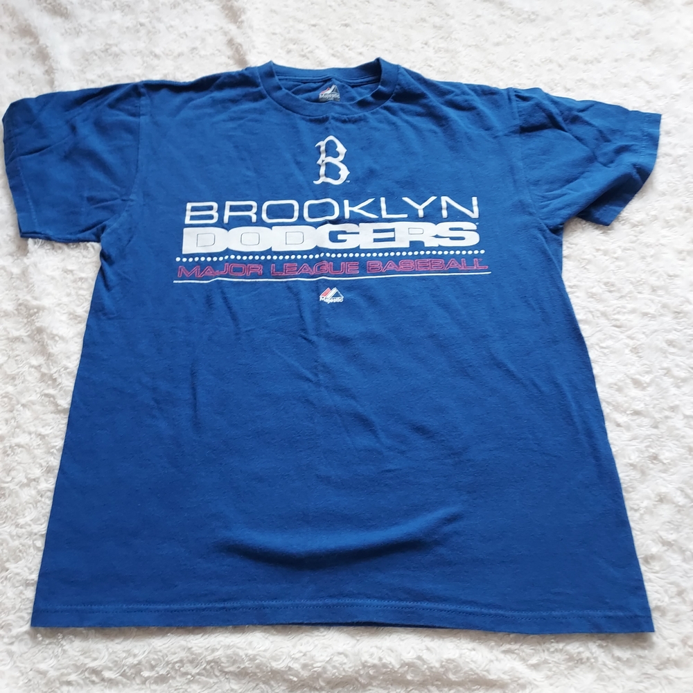 Majestic MED Royal Blue Brooklyn Dodgers Logo Crewneck Tee MLB Baseball